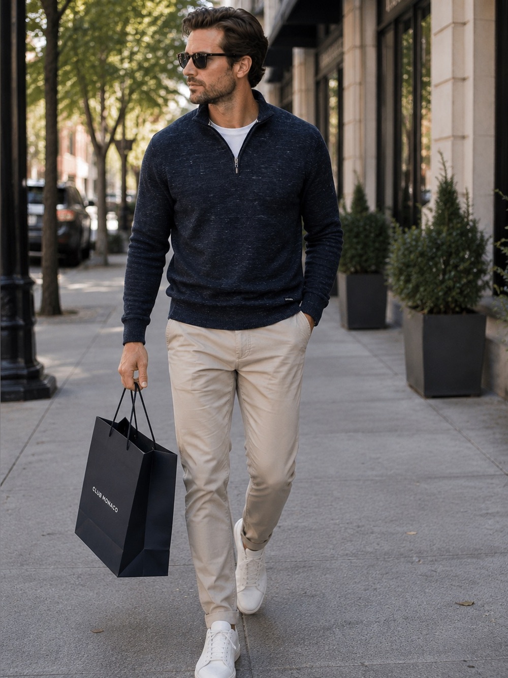 Dark Blue Zip-Up Thin Knit Sweater